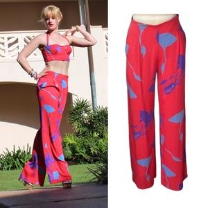Tucker Red, Purple, Blue Floral Print Silky Wide Leg High Waist Pants Size XS